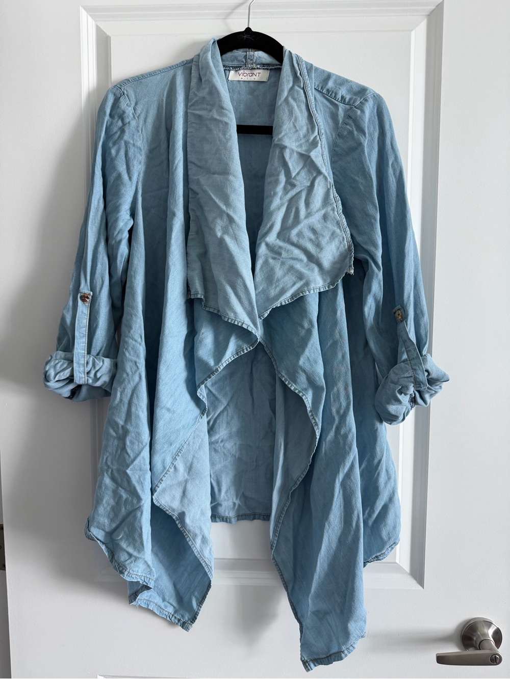 Vibrant Light Blue Draped Open-Front Jean Jacket